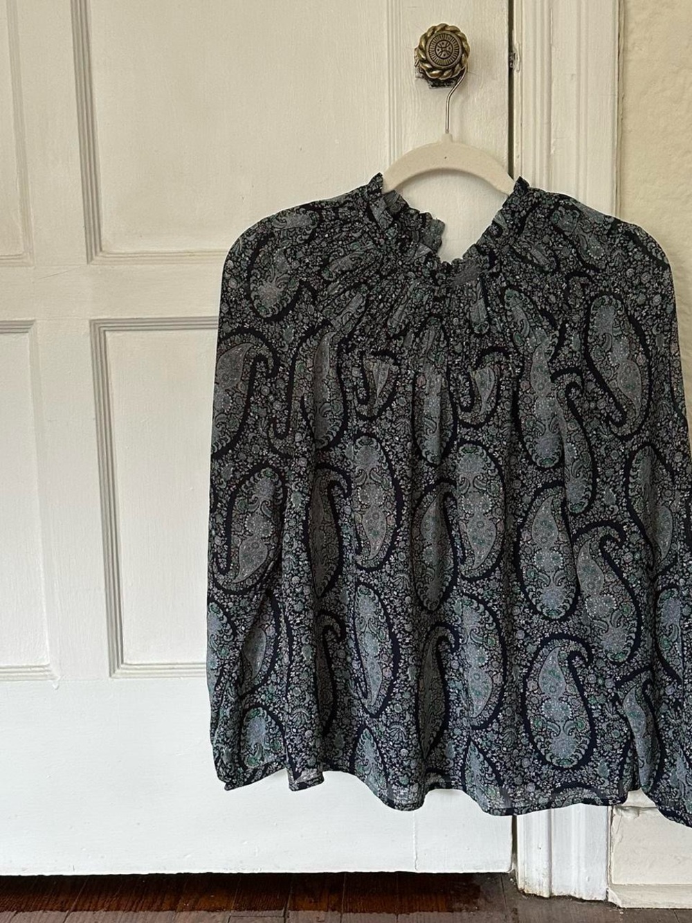 Smocked Neck Paisley Blouse in Blue and Green
